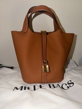 Pebbled Tan Leather Tote with Gold Lock Accent
